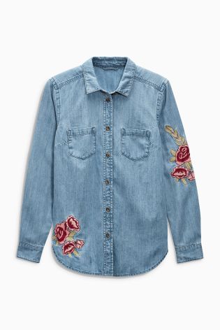 Mid Blue Embroidered Floral Shirt